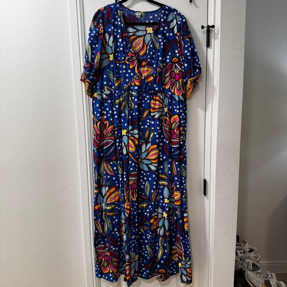 Blue Floral Polka Maxi Dress with Multicolor Blooms